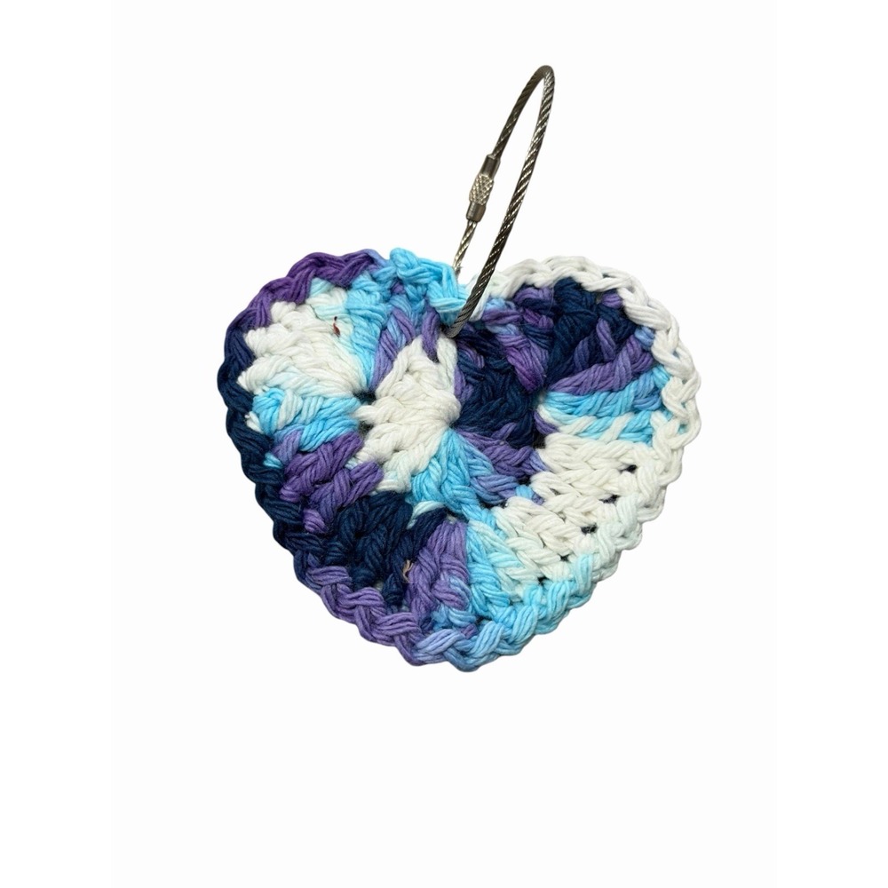 New Handmade Crochet Heart Keychain Bag Charm Yarn BLUE PURPLE WHITE